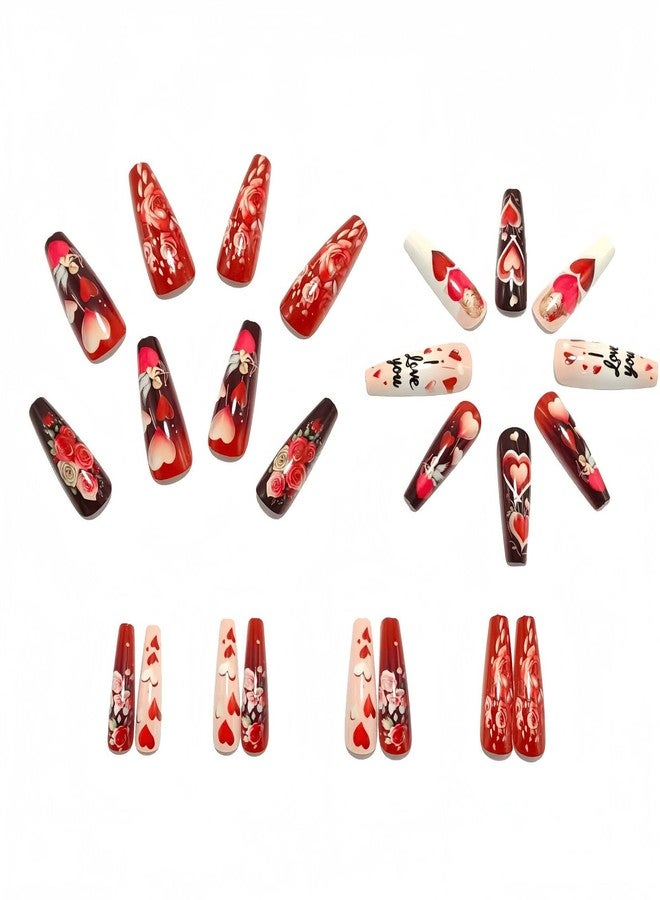 OCOUYVD Valentine Press on Nails Extra Long Glue on Nails Red Heart Rose Fake Nails Full Cover Cute False Nails Glossy Acrylic Nail Valentine Artificial Nail for Women DIY Manicure Art - Image 3